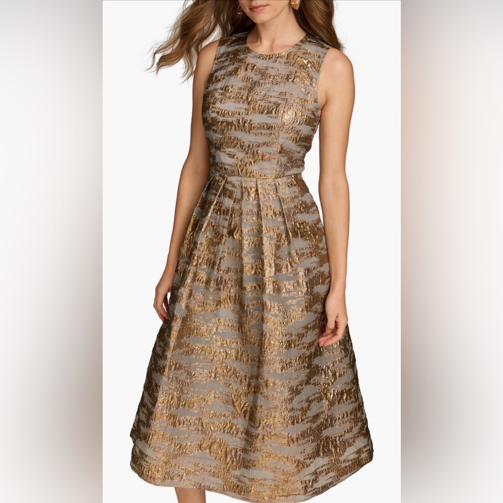 Donna Karan Metallic Gold and Taupe Textured Midi Dress